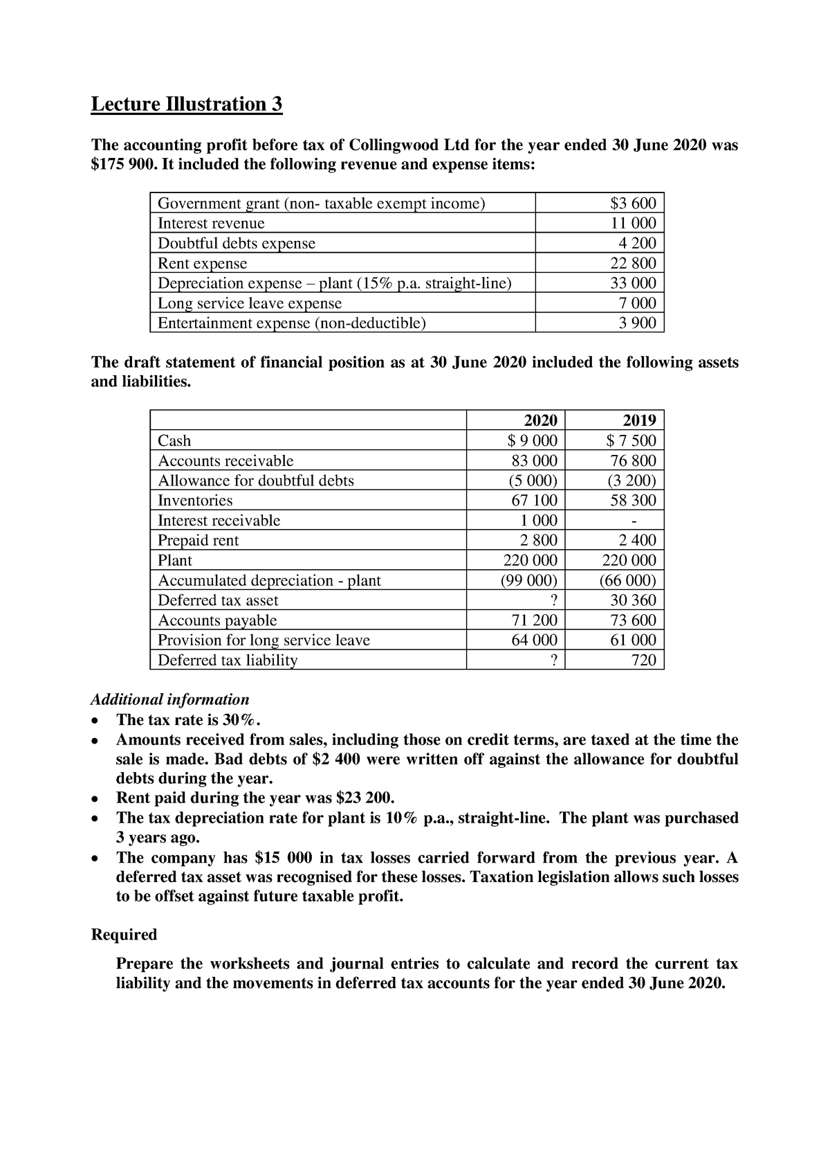 deferred tax calculation worksheet